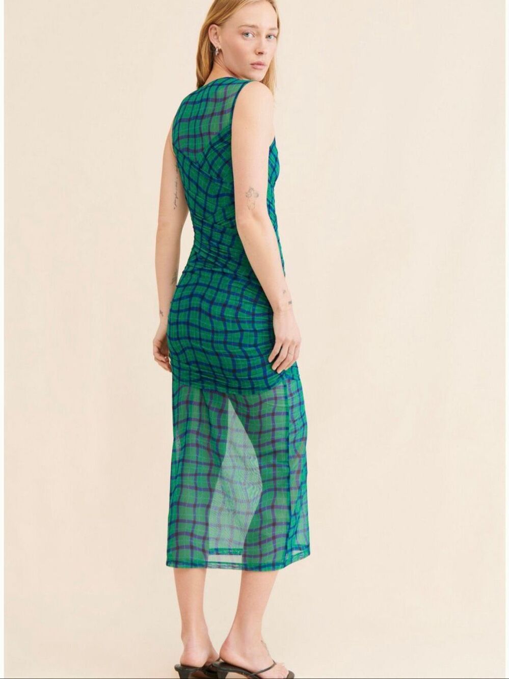 Simon Miller Sz L Kinny Ruched Plaid Mesh Midi Dress Anthropologie Green Blue - Picture 11 of 12